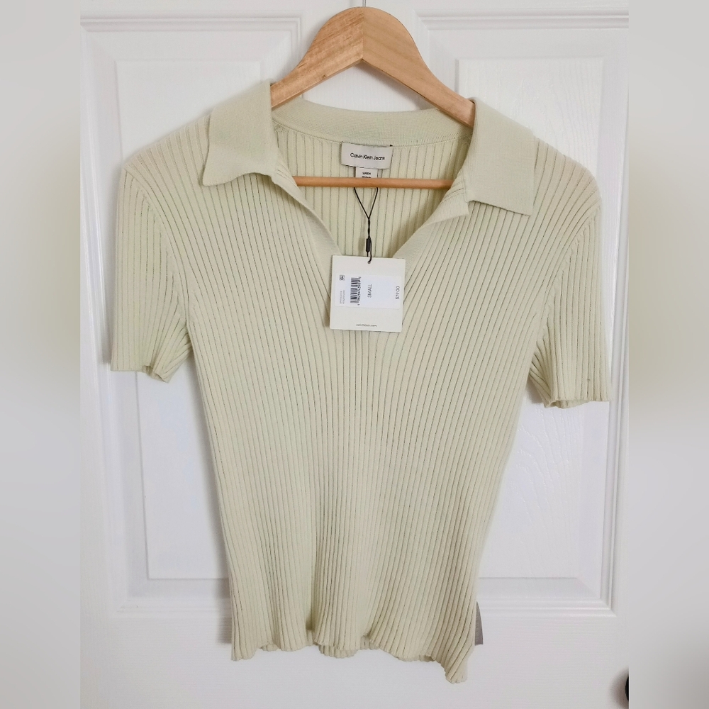 Calvin Klein Smooth Cotton Rib Sweater Polo in Aloe Wash Size Small - Picture 5 of 6